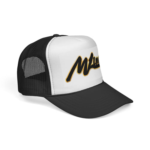 Maine Script Trucker Cap – Retro Black & Gold State Logo Hat