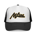 Maine Script Trucker Cap – Retro Black & Gold State Logo Hat