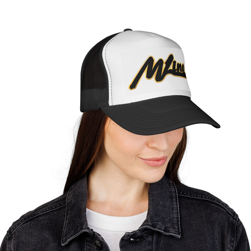 Maine Script Trucker Cap – Retro Black & Gold State Logo Hat